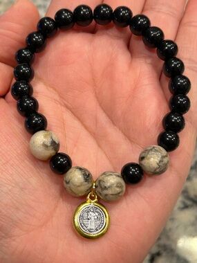 Men’s Black and Beige Beaded Bracelet with St Benedict Charm